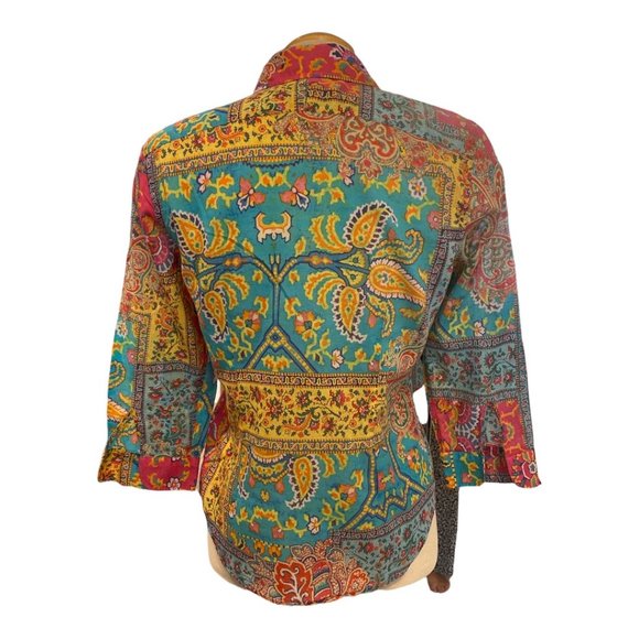 LAUREN RALPH LAUREN Petite Blouse Sz Sm Cotton Bohemian Colourful - Picture 6 of 8